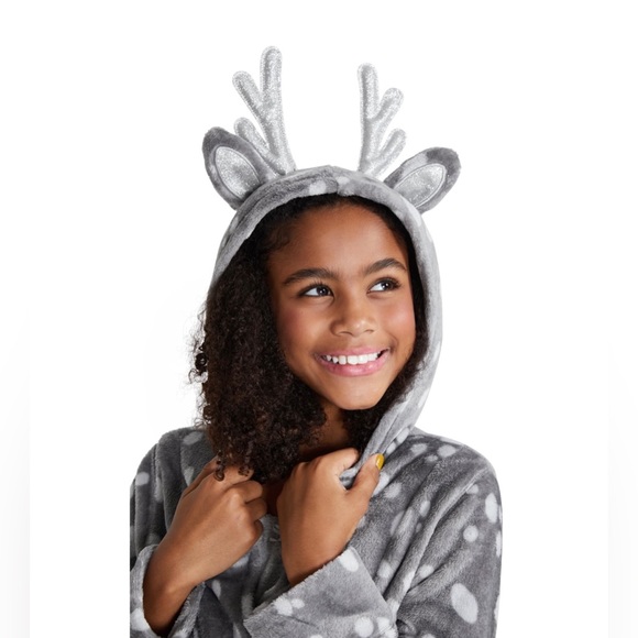 Justice Girls Reindeer Deer Hooded Felt Wrap Robe w/ Belt & 3D Antlers XL 16-18 - Picture 5 of 12